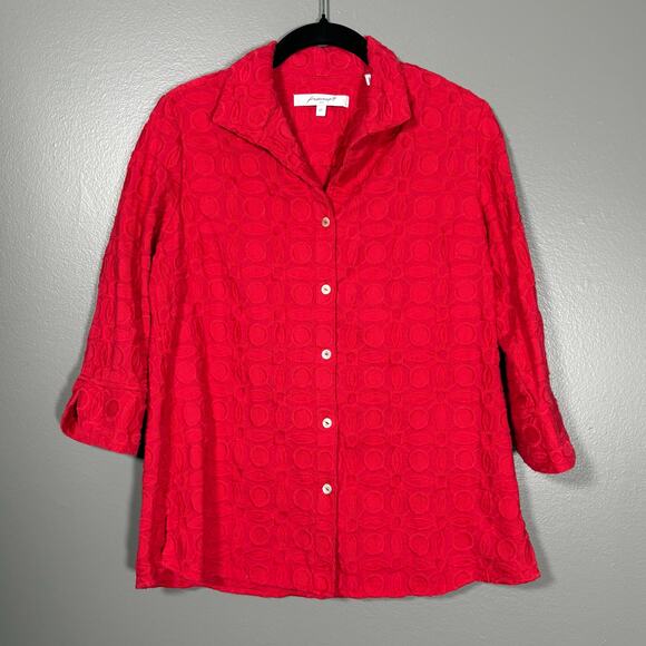 Foxcroft Women's Red Embroidered Shacket Button Up Shirt - Size 6P - Petite Top - Picture 1 of 7
